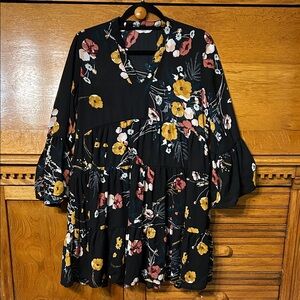 Pigalle Dress UK34 Floral Tiered Flowy Bell Sleeves Boho Chic Relaxed V-Neck